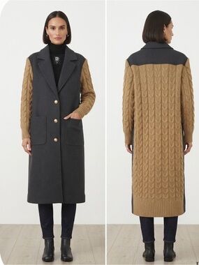 Dee Ocleppo Adara Dark Heather Grey & Camel Cable Knit Sleeve Long Coat - Size L